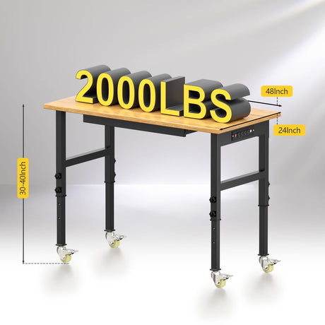 48" Adjustable Height Heavy Duty Workbench Rubber Wood Top Rolling Work Bench with Power Outlet Drawers and Wheels 2200 Lbs Capacity Hardwood Worktable for Garage, Workshop, Office, Home OAKANDO