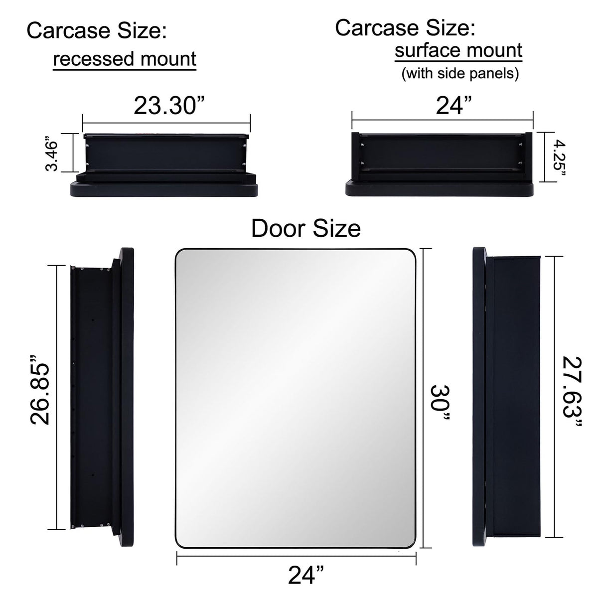 IDYLLOR Black Bathroom Mirror Medicine Cabinet with Round Corner Framed Door 24 x 30 inch, Recessed or Surface Mount, with Adjustable Glass Shelves IDYLLOR