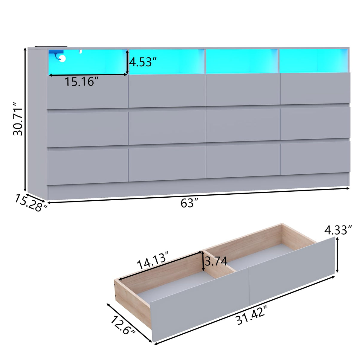 Loomie 12-Cell Divided Drawers Grey Dresser with Charging Station & Led Lights for Bedroom, Long 63" Wide Dresser TV Stand for TVs up to 75", Large Dressers Organizer with 4 Open Cubbies Loomie