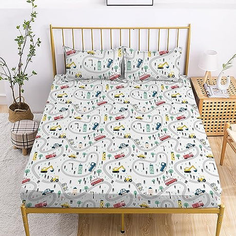 Yasida Car Sheet Sets for Kids Cute Cartoon Truck Bed Queen Size Fitted Sheets Boys 3D Plants Print Bedding Set Soft Microfiber Bedroom Decor(3pc) Yasida