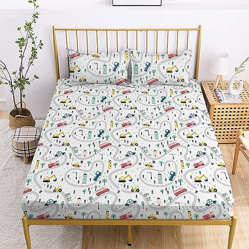 Yasida Twin Kids Fitted Sheets Road Traffic Themed Sheet and Pillowcases Set Cute Cartoon Truck Bed Boys Twin Sheet Set 2 Piece Bedding Decor Set（No Top Sheet） Yasida