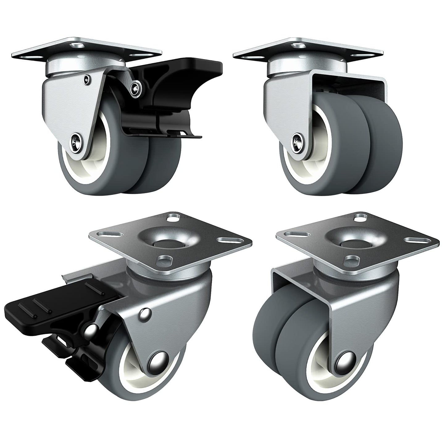 2 inch Swivel Caster Wheels Set of 4 - Heavy Duty Casters for Furniture - No Noise TPR Wheels - with Screws - Total Capacity 880 lbs (2 with Brakes)