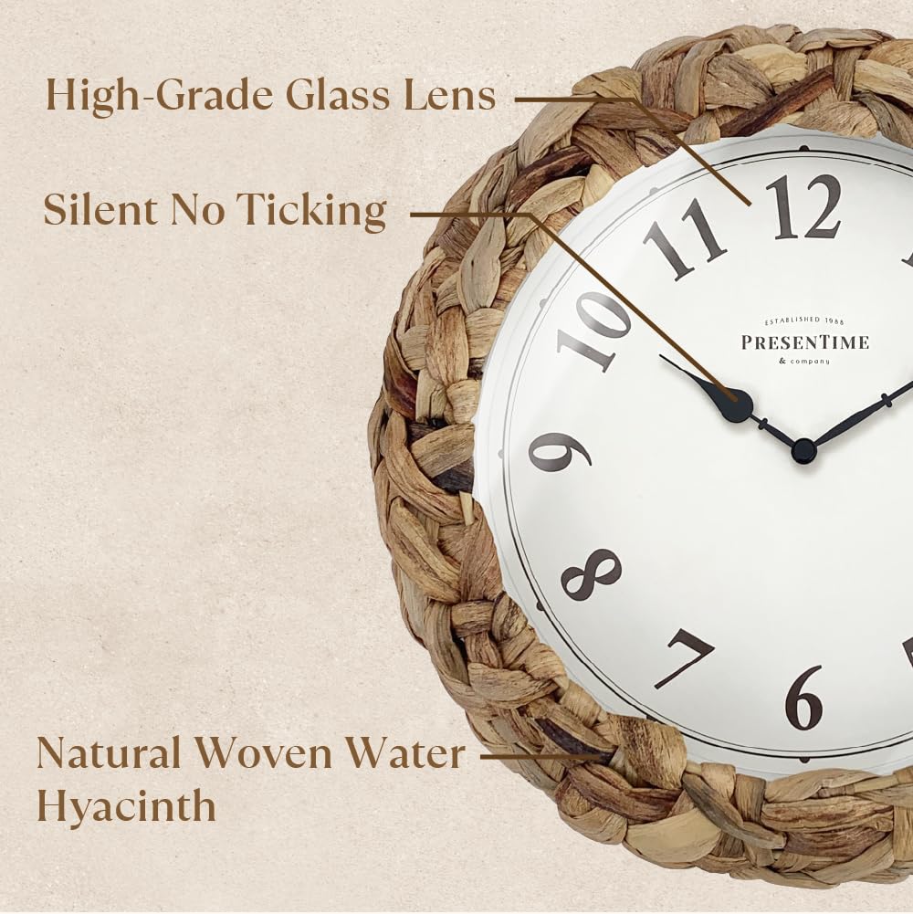 Presentime & Co Farmhouse Series, Rustic Woven Clock, 10.5 inch, Natural Woven Water Hyacinth/Sea Grass. Wall Sculpture, Wall Art and Timepiece for Home Decoration/Decoration/Farmhouse Décor. Presentime