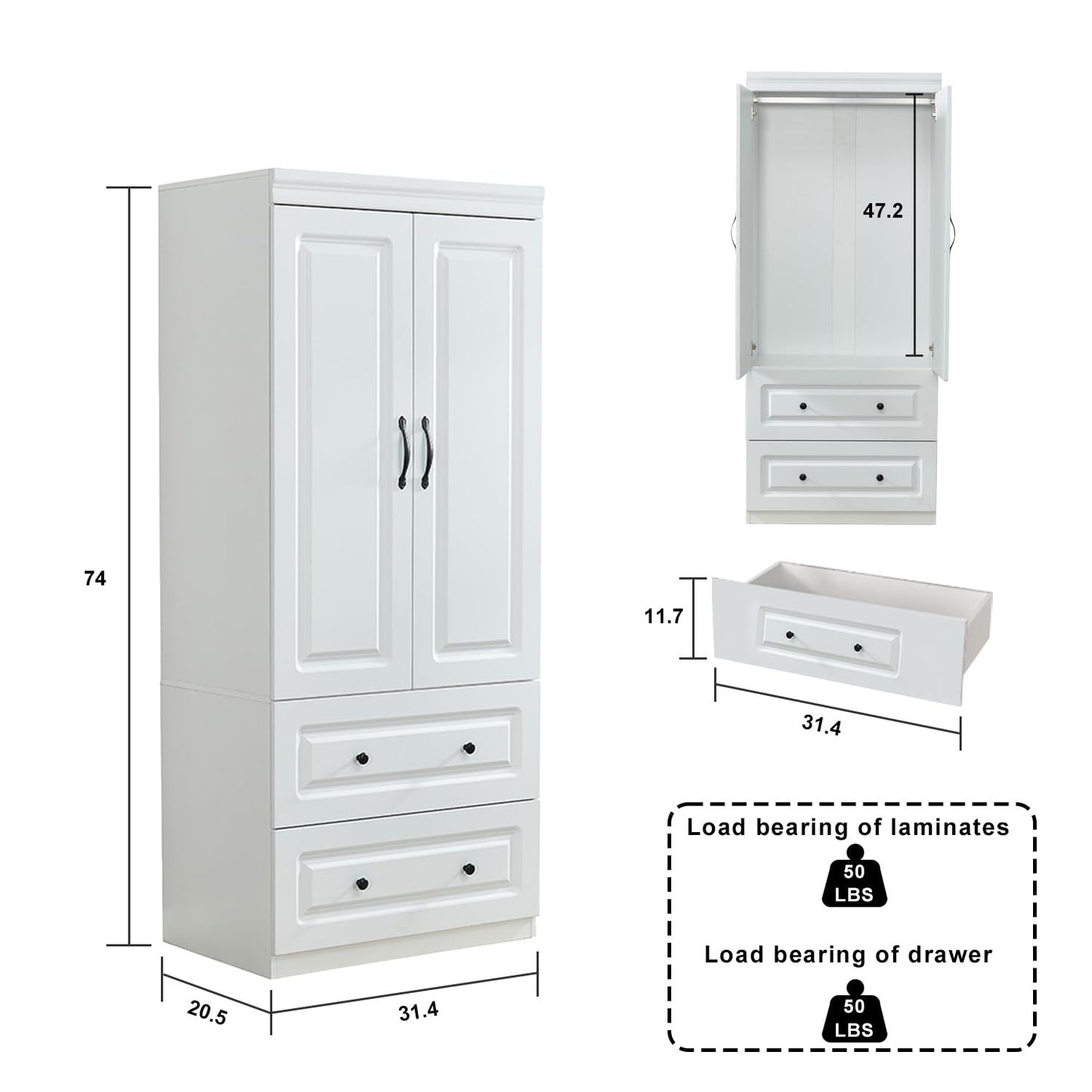 Sophshelter Wooden Armoire Wardrobe Closet, 2 Door 2 Drawers White Wardrobe Cabinet with Large Capacity, Bedroom Tall Armoire Storage Cabinet with Hanging Rod and Handles 31.5" L x 20.3" W x 72" H