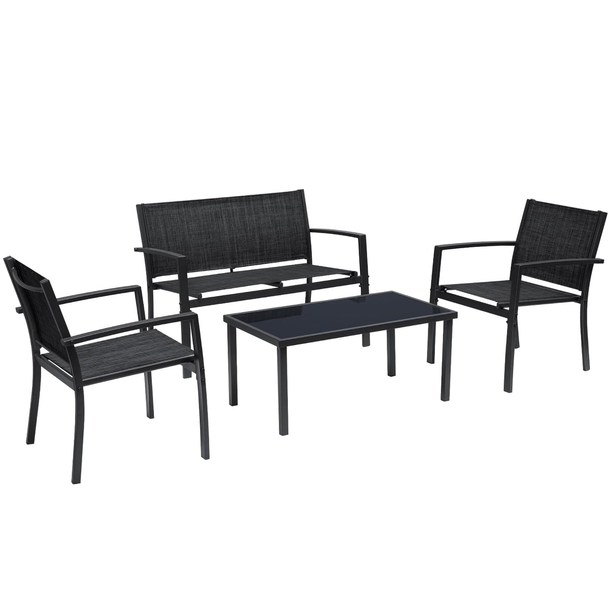 Greesum 4 Pieces Patio Furniture Set Outdoor Conversation Textilene Fabric Chairs for Lawn, Garden, Balcony, Poolside with A Glass Coffee Table, Black Greesum