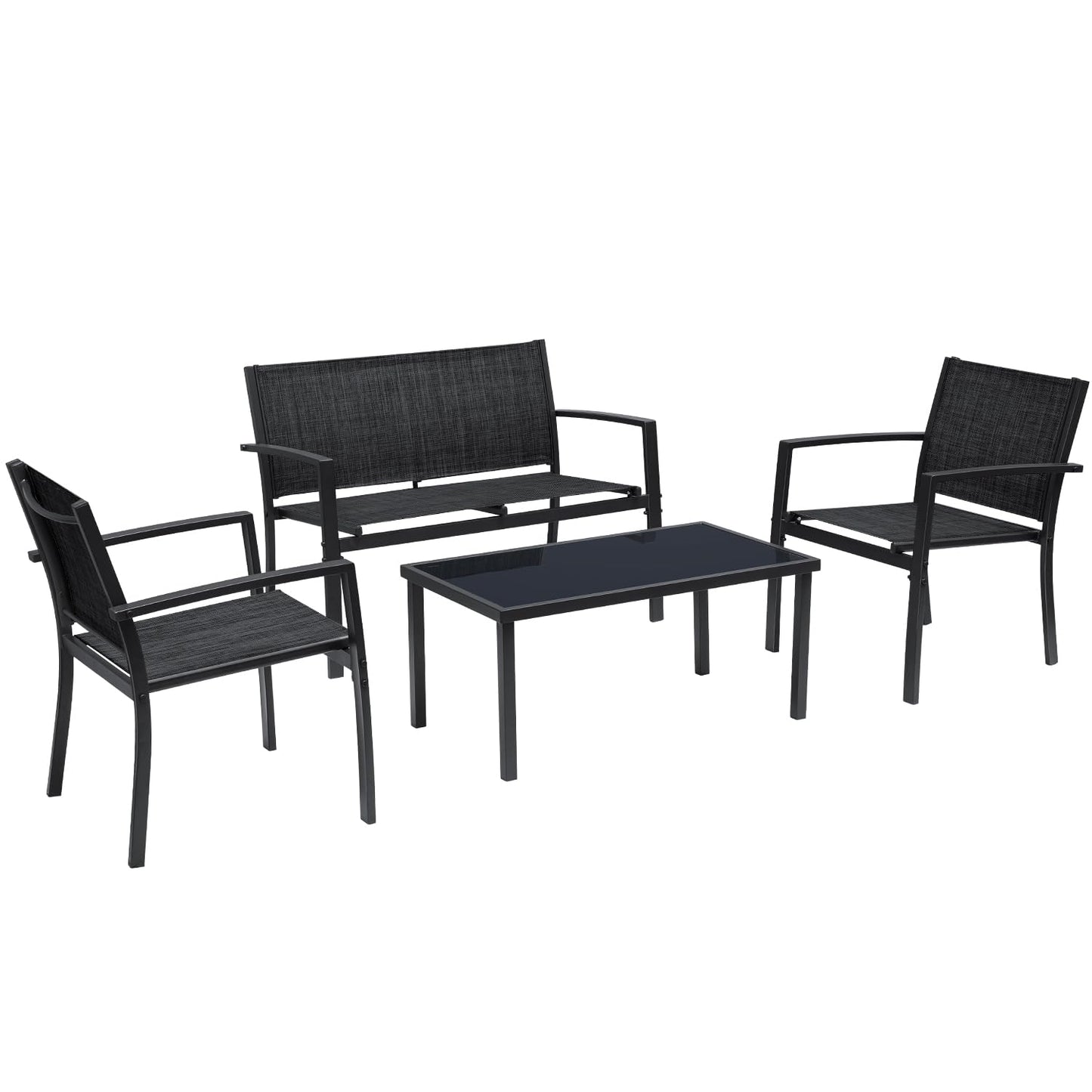 Greesum 4 Pieces Patio Furniture Set Outdoor Conversation Textilene Fabric Chairs for Lawn, Garden, Balcony, Poolside with A Glass Coffee Table, Black - WoodArtSupply