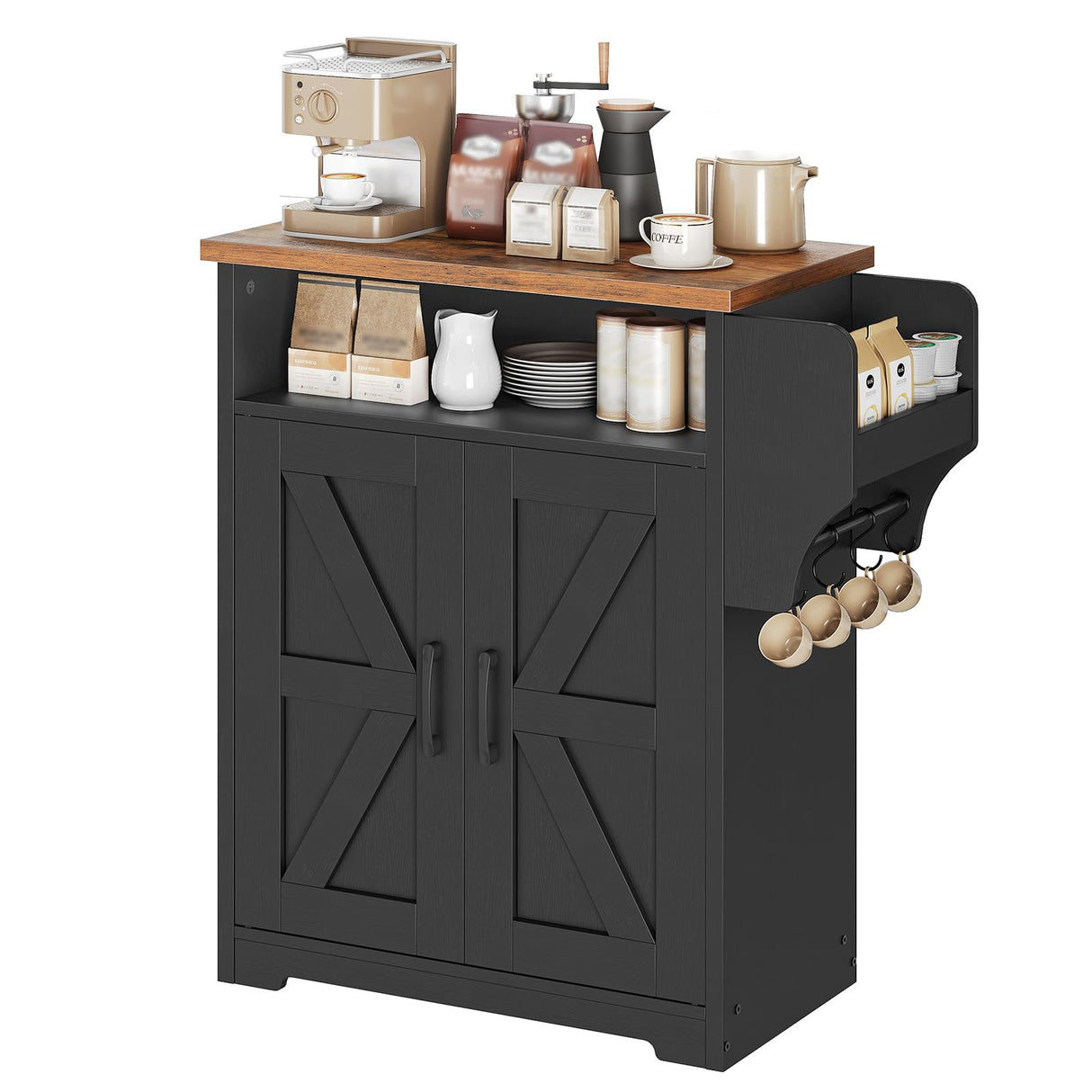 YATINEY Coffee Bar Cabinet, Kitchen Island with Storage, Farmhouse Sideboard Buffet Cabinet with Dual-Purpose Floating Shelf and Hooks, for Restaurant, Living Room, Rustic Brown KF22BR YATINEY