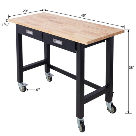 48" Work Bench, Workbench with Drawers Storage, Heavy Duty Bamboo Wood Work Bench Table with Wheels Work Benches for Garage Home Office Nanberone