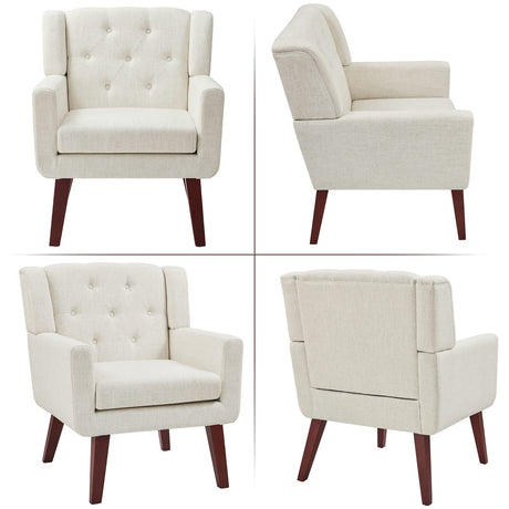 Accent Reading Chair Button-Tufted Upholstered Comfy Mid Century Modern Chair with Linen Fabric Lounge Arm Chairs for Living Room Bedroom (Beige) Living&Giving