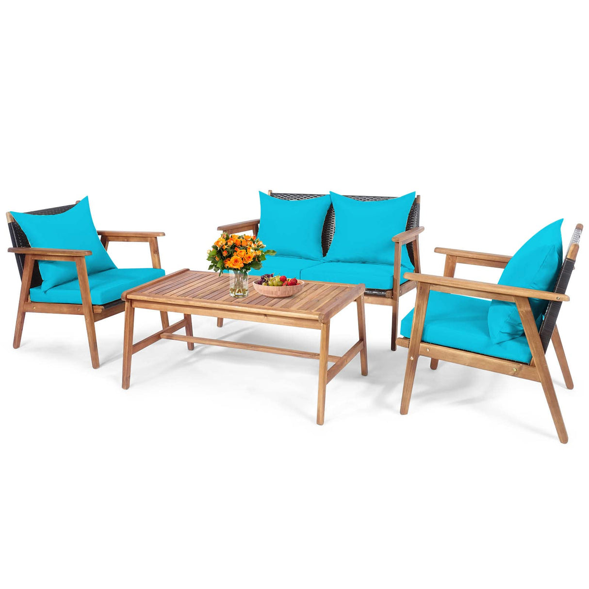 Tangkula 4-Piece Patio Furniture Set, Outdoor Acacia Wood Conversation Set with Cushions and Coffee Table, Outdoor PE Wicker Sectional Sofa Set for Garden, Poolside and Backyard (1, Turquoise) Tangkula