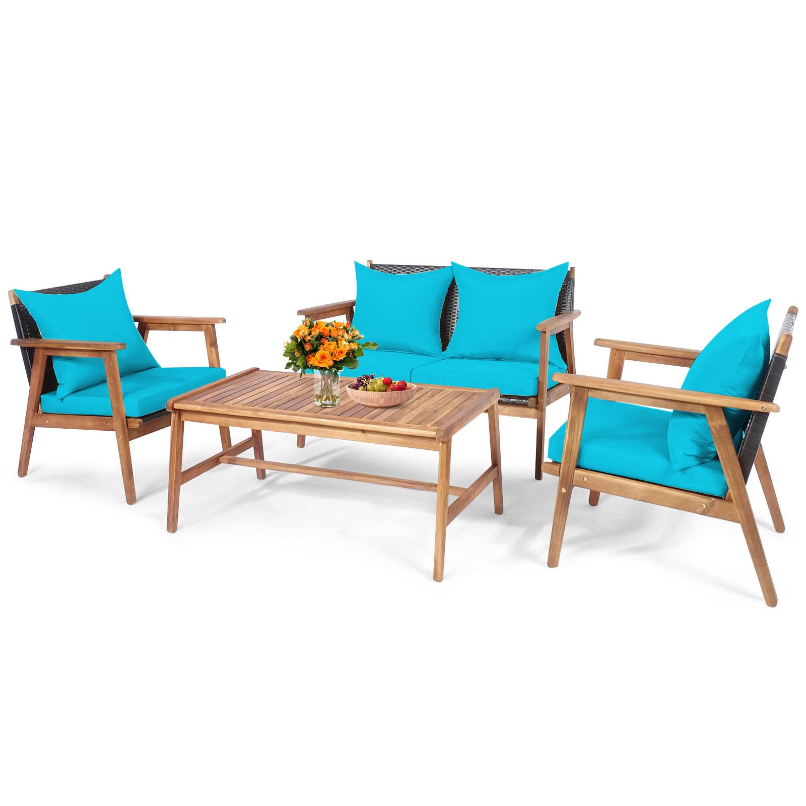 Tangkula 4-Piece Patio Furniture Set, Outdoor Acacia Wood Conversation Set with Cushions and Coffee Table, Outdoor PE Wicker Sectional Sofa Set for Garden, Poolside and Backyard (1, Turquoise - WoodArtSupply