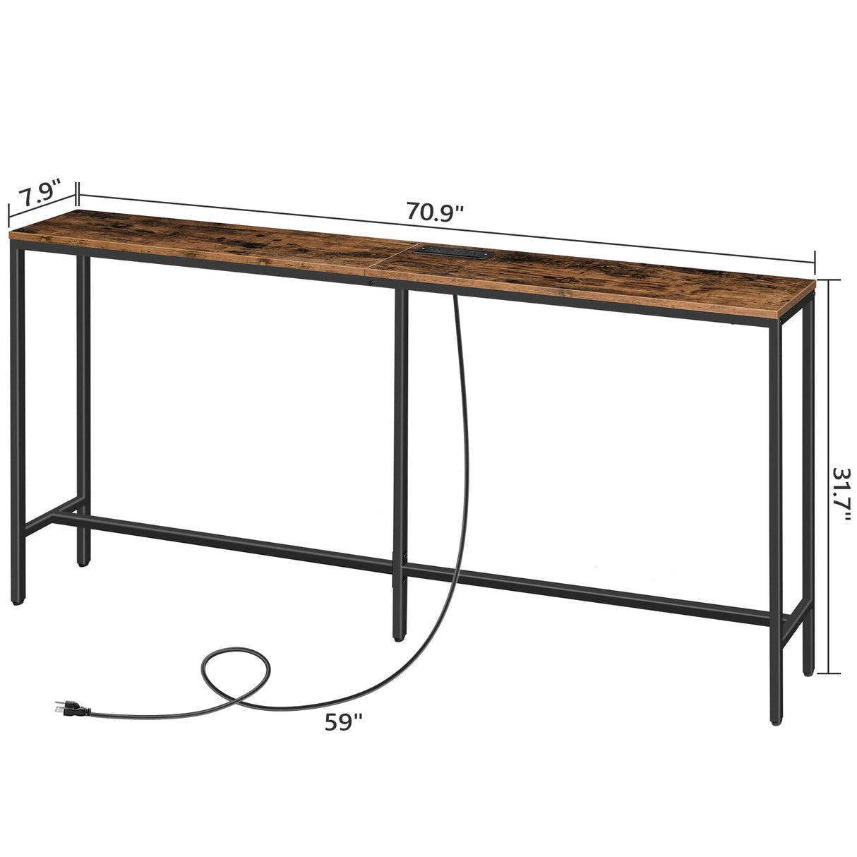 MAHANCRIS Console Table with Power Outlet, 70.9" Narrow Sofa Table, Industrial Entryway Table with USB Ports, Behind Couch Table for Entryway, Hallway, Foyer, Living Room, Rustic Brown CTHR18E01Z1 MAHANCRIS