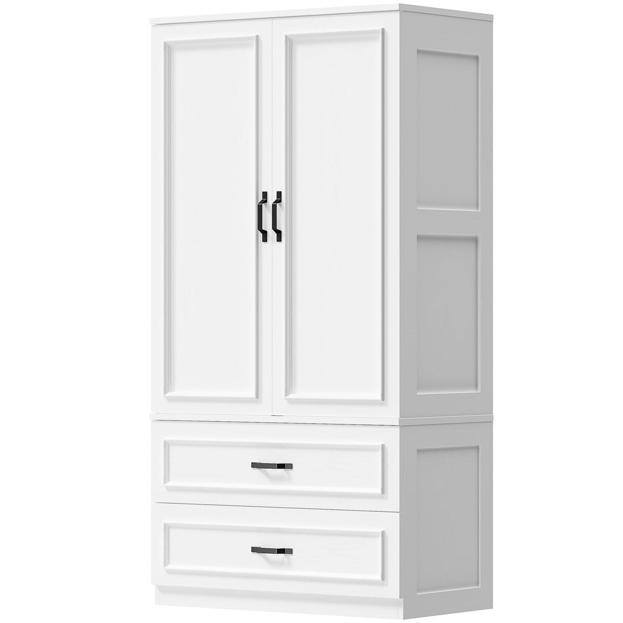 LIKIMIO Armoire Wardrobe Closet with 2 Doors and 2 Drawers 70" H x 36" W Wooden Bedroom Freestanding Wardrobe Combination for Hanging Clothes, White LIKIMIO