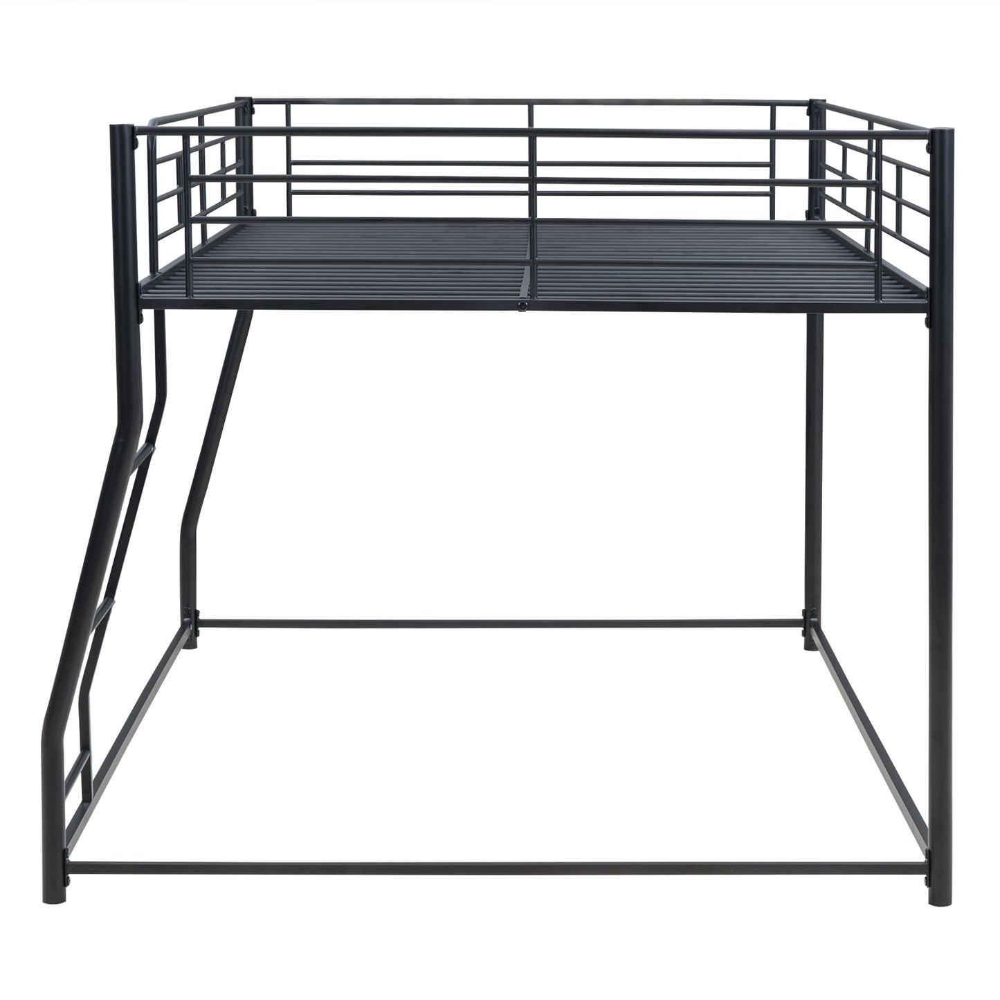 Harper & Bright Designs Metal Bunk Bed Full XL Over Queen, Floor Bunk Bed with Ladder & Safety Guardrail, Montessori Floor Bed Frame Bottom Bunk for Kids Boys Girls, No Box Spring Needed, Black