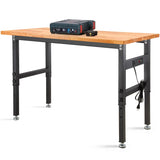48" Adjustable Workbench, Rubber Wood Top Heavy-Duty Workstation, 2000 LBS Load Capacity Hardwood Worktable with Power Outlets for Garage, Workshop, Office, Home HONRISE