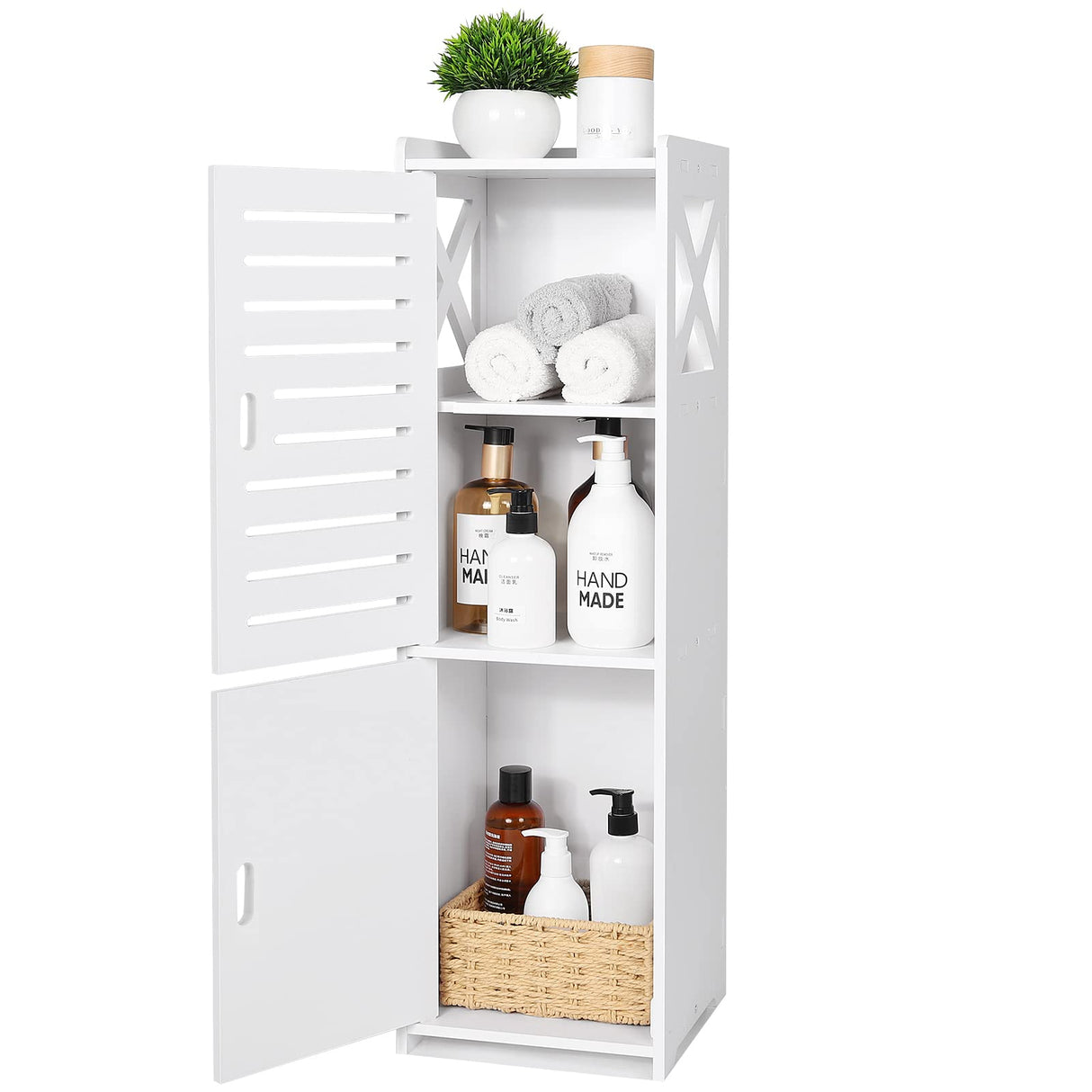 MOBPMO Bathroom Floor Cabinet Freestanding Double Door 3-Tier Side Storage Organizer Cabinet Unit, Multipurpose Waterproof Small Storage Cabinet for Bathroom, Bedroom, Office, White MOBPMO