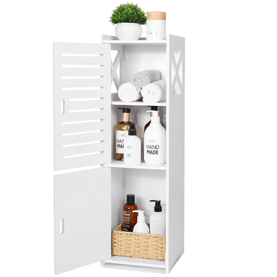 MOBPMO Bathroom Floor Cabinet Freestanding Double Door 3-Tier Side Storage Organizer Cabinet Unit, Multipurpose Waterproof Small Storage Cabinet for Bathroom, Bedroom, Office, White