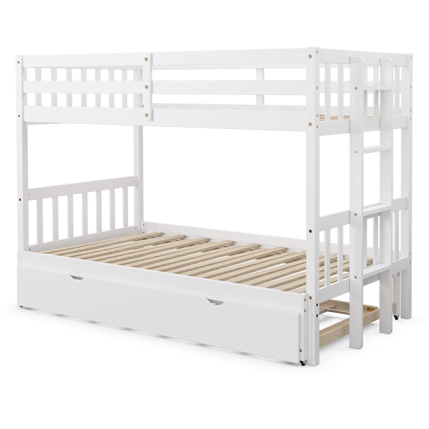 Giantex Versatile Twin Over Pull-Out Bunk Bed with Trundle - Solid Wood in White - WoodArtSupply