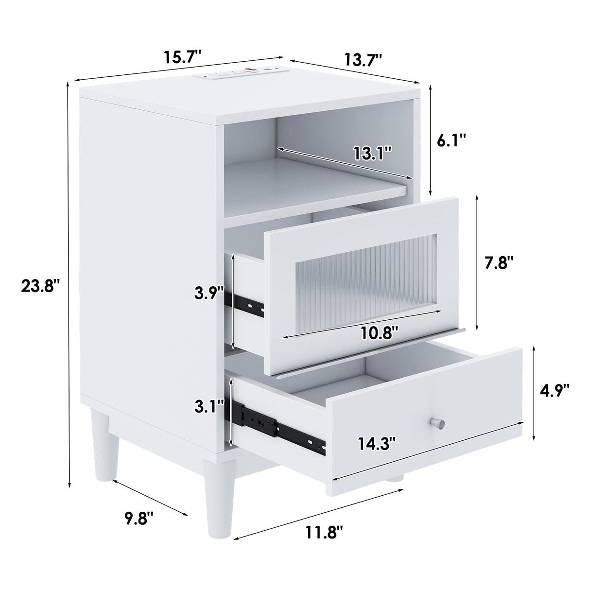 Saudism White Nightstand with Charging Station, End Table with Glass Drawers, Night Stand with LED Lights, Wood Bedside Tables for Bedroom, 15.7”×13.7”×23.8” Saudism