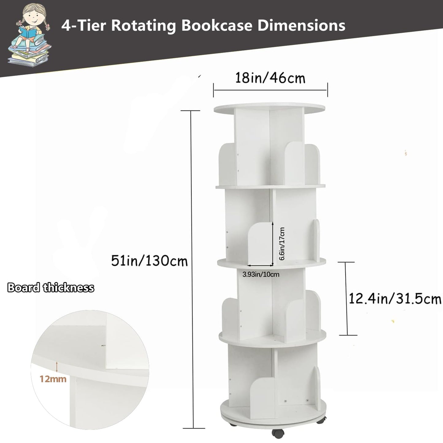 Usego 4-Tier White Rotating Bookshelf with Wheels – 360° Floor-Standing Storage Organizer for Home and Office - WoodArtSupply