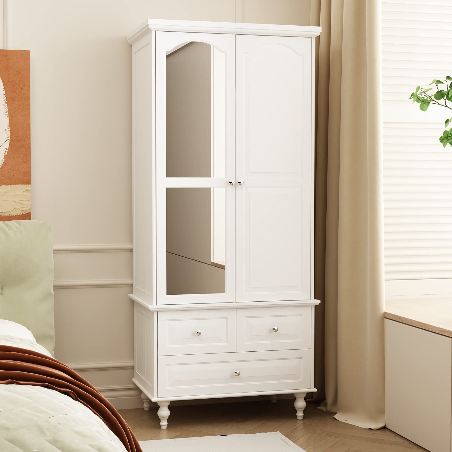 Homsee Wardrobe Armoire Wooden Closet with Mirror, 2 Doors, 3 Drawers, 4-Tier Storage Cubes and Hanging Rod for Bedroom, White (31.5”L x 19.7”W x 70.9”H) - WoodArtSupply