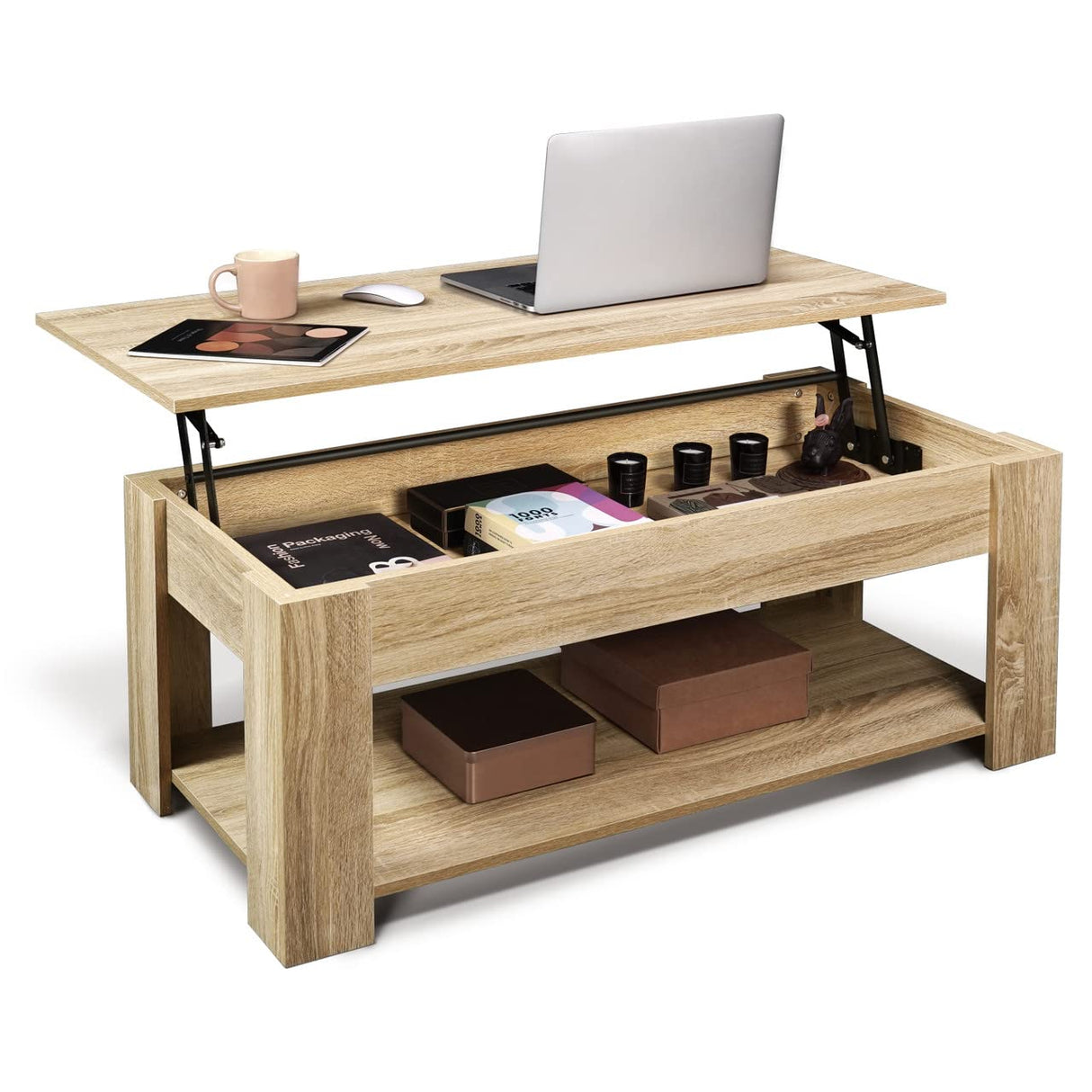 CAPHAUS Lift Top Coffee Table w/Storage, Storage Coffee Table w/Lift Top for Living Room, Rising Tabletop Coffee Table w/Hidden Compartment, Coffee Table w/Bottom Open Shelf, 41" Natural Oak CAPHAUS