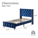HOMBCK Twin Bed Frames, Upholstered Platform Bed with Diamond Tufted Headboard, Modern Velvet Bed Frame with Wingback Design, No Box Spring Needed, Easy Assembly, Blue HOMBCK