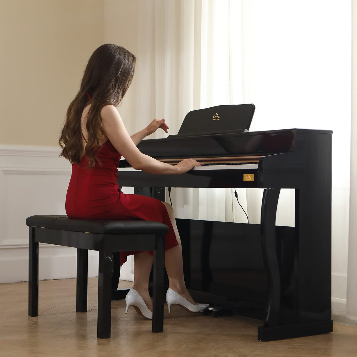 AODSK Black Wooden Duet Piano Bench with Padded Cushion and Storage Compartment AODSK