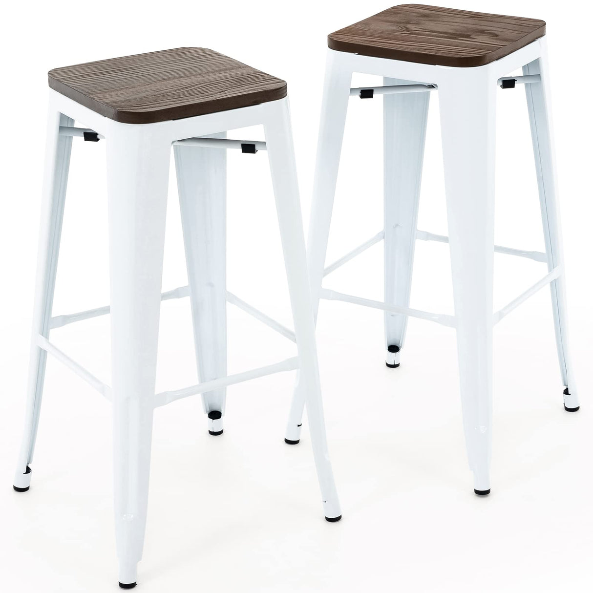 Brage Living 30 Inch Metal Bar Stools with Square Solid Elm Wood Seat Top, Backless Stackable Industrial Barstools Set of 2 (White) Brage Living