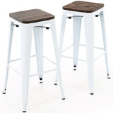 Brage Living 30 Inch Metal Bar Stools with Square Solid Elm Wood Seat Top, Backless Stackable Industrial Barstools Set of 2 (White) Brage Living