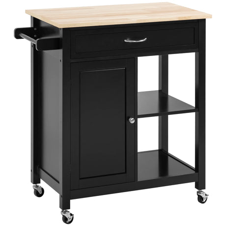 HOMCOM Kitchen Island Cart, Rolling Kitchen Island with Storage Shelf, Solid Wood Top, Drawer, for Dining Room, Black HOMCOM