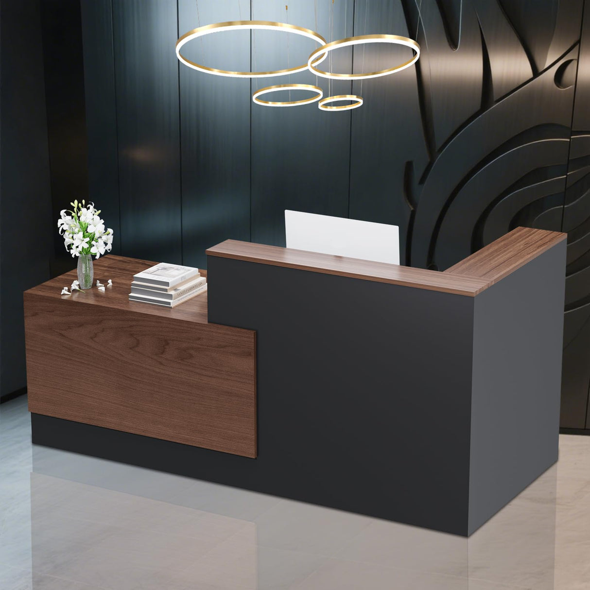 L-Shaped Modern Large Wooden Commercial Reception Desk with Counter & Shelves, Front Reception Desk Counter Table with Storage, Drawers for Offices,Home (Brown + Black, Left- 84''L x 34''W x 41''H) Drexo