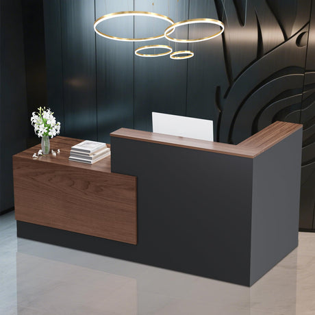 L-Shaped Modern Large Wooden Commercial Reception Desk with Counter & Shelves, Front Reception Desk Counter Table with Storage, Drawers for Offices,Home (Brown + Black, Left- 84''L x 34''W x 41''H) Drexo
