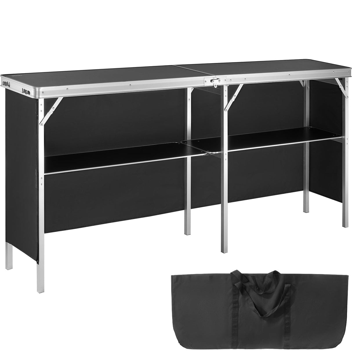 VEVOR Extra Long Folding Portable Bar Tradeshow Podium Table for Indoor, Outdoor, Party, Picnic, Exhibition, Includes Carrying Case, Storage Shelf and Black Skirt, 77.95" x 15.16" x 34.65" VEVOR