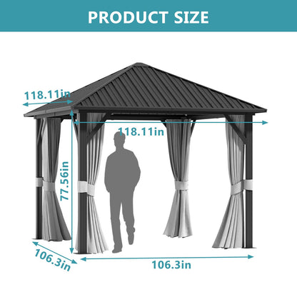 Aoxun 10'x10' Hardtop Gazebo, Galvanized Steel Outdoor Aluminum Single Top Canopy, Everlasting Metal Gazebo with Netting and Curtains, for Patio, Backyard and Deck