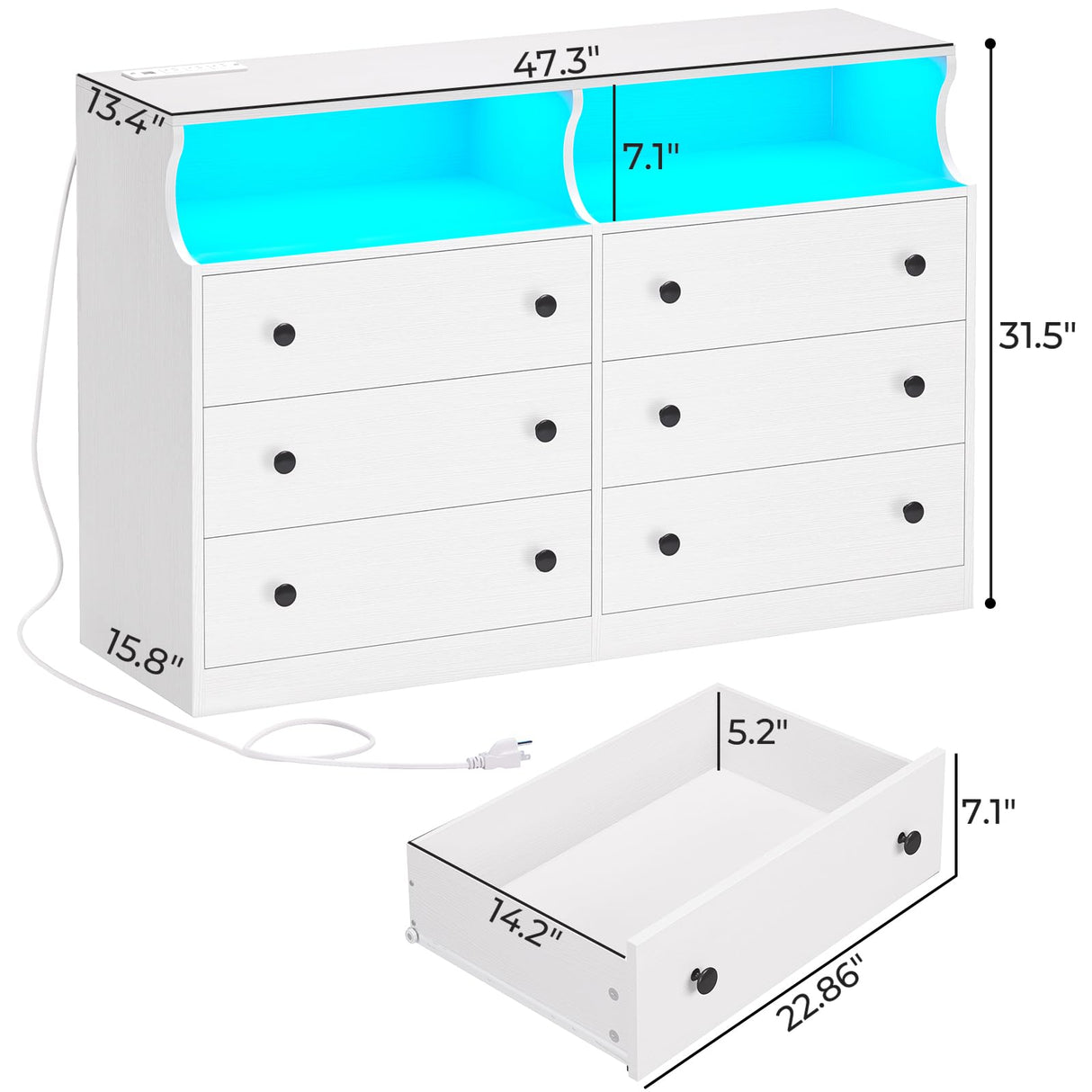 Hasuit 6 Drawer Dresser with LED Lights and Charging Station, Wide Chest of 6 Drawers with Open Space, Modern Large Capacity Storage Cabinet, White Dresser for Bedroom, Living Room, Hallway Hasuit
