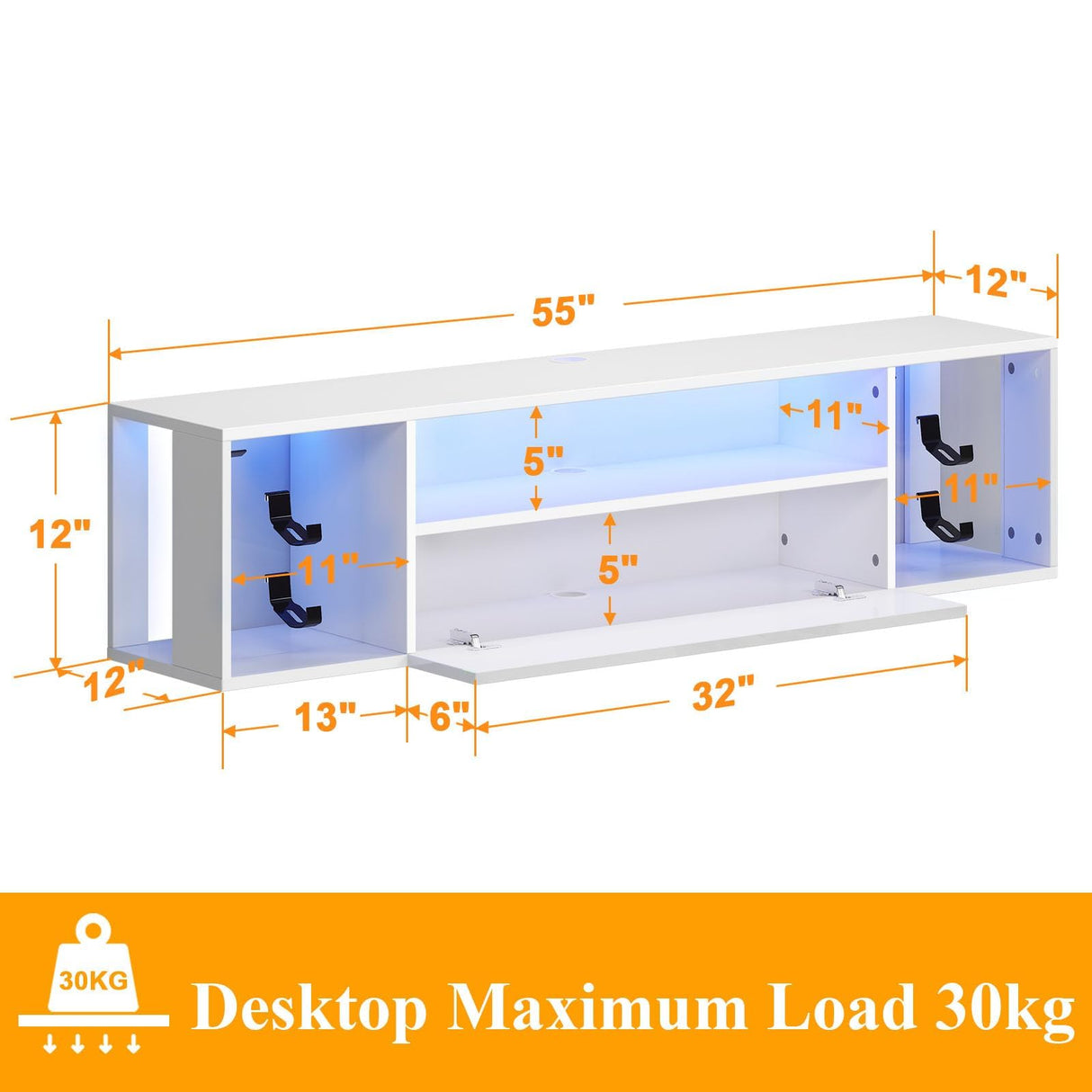 sogesfurniture 55'' Floating TV Stand Wall Mounted with Lights, Floating Entertainment Center with Lights, Modern Media Console with Storage, Wall Mounted LED TV Stand for Living Room sogesfurniture