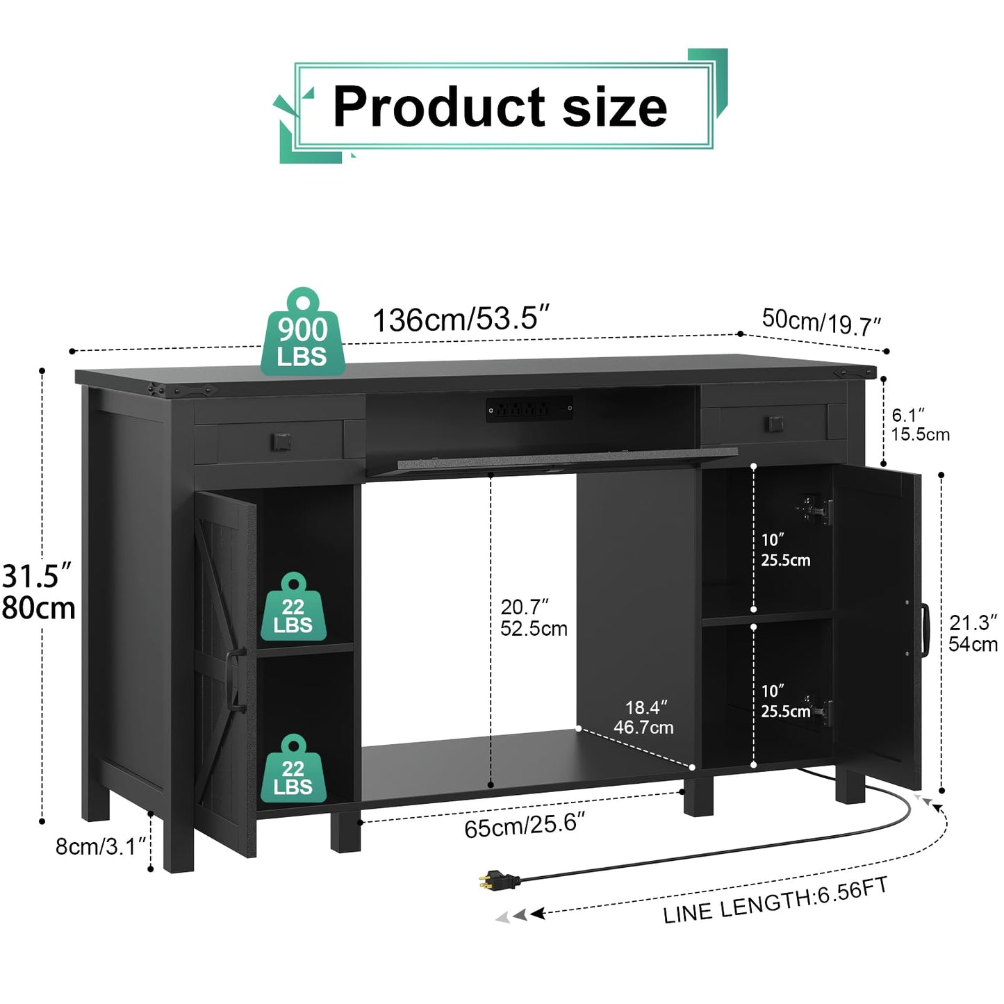 Saudism 55-75 Gallon Aquarium Stand With Charging Station, Farmhouse Fish Tank Stand, Reptile Tank Stand Terrarium Stand with Drawer and Cabinet Storage, Sturdy Heavy Duty 53.5"×19.7" Tabletop - Black