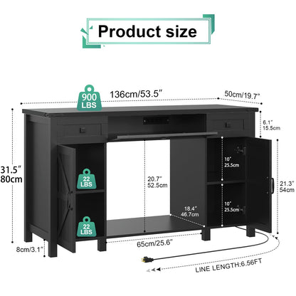 Saudism 55-75 Gallon Aquarium Stand With Charging Station, Farmhouse Fish Tank Stand, Reptile Tank Stand Terrarium Stand with Drawer and Cabinet Storage, Sturdy Heavy Duty 53.5"×19.7" Tabletop - Black