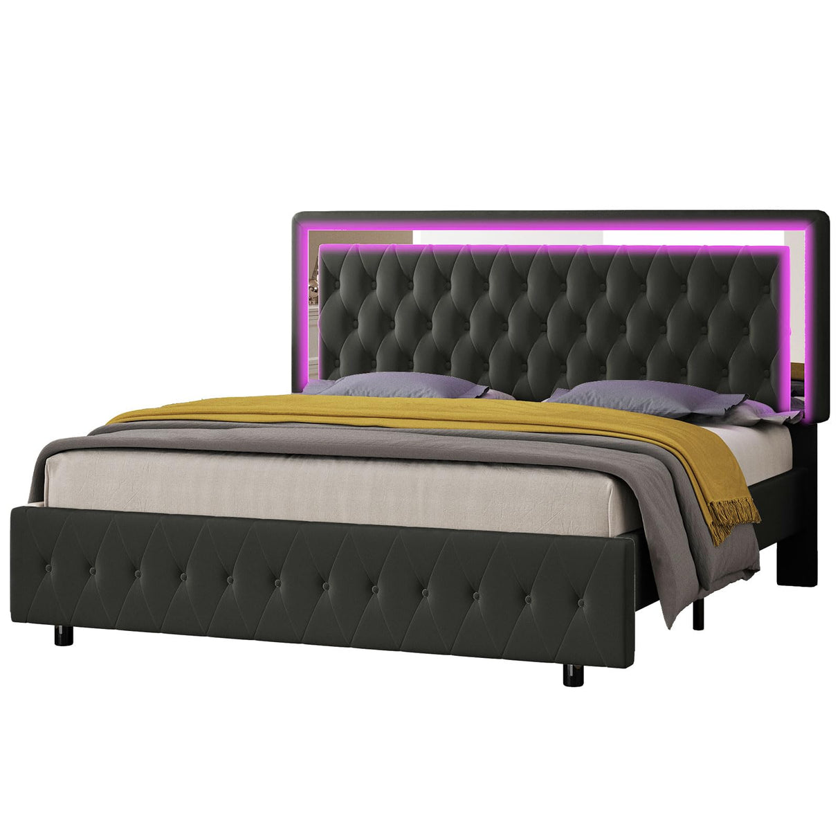 Jocisland Full Bed Frame with LED Lights Headboard&Footboard, Velvet Upholstered Full Size Platform Bed Frame No Box Spring Needed/Black Jocisland