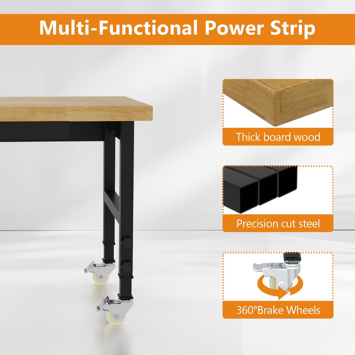 Pelnuies 48" Adjustable Height Work Bench with Wheels, Heavy-Duty Thick Wood Work Table with Power Outlets, 2000 LBS Capacity Workstation for Garage, Workshop, Office, Home