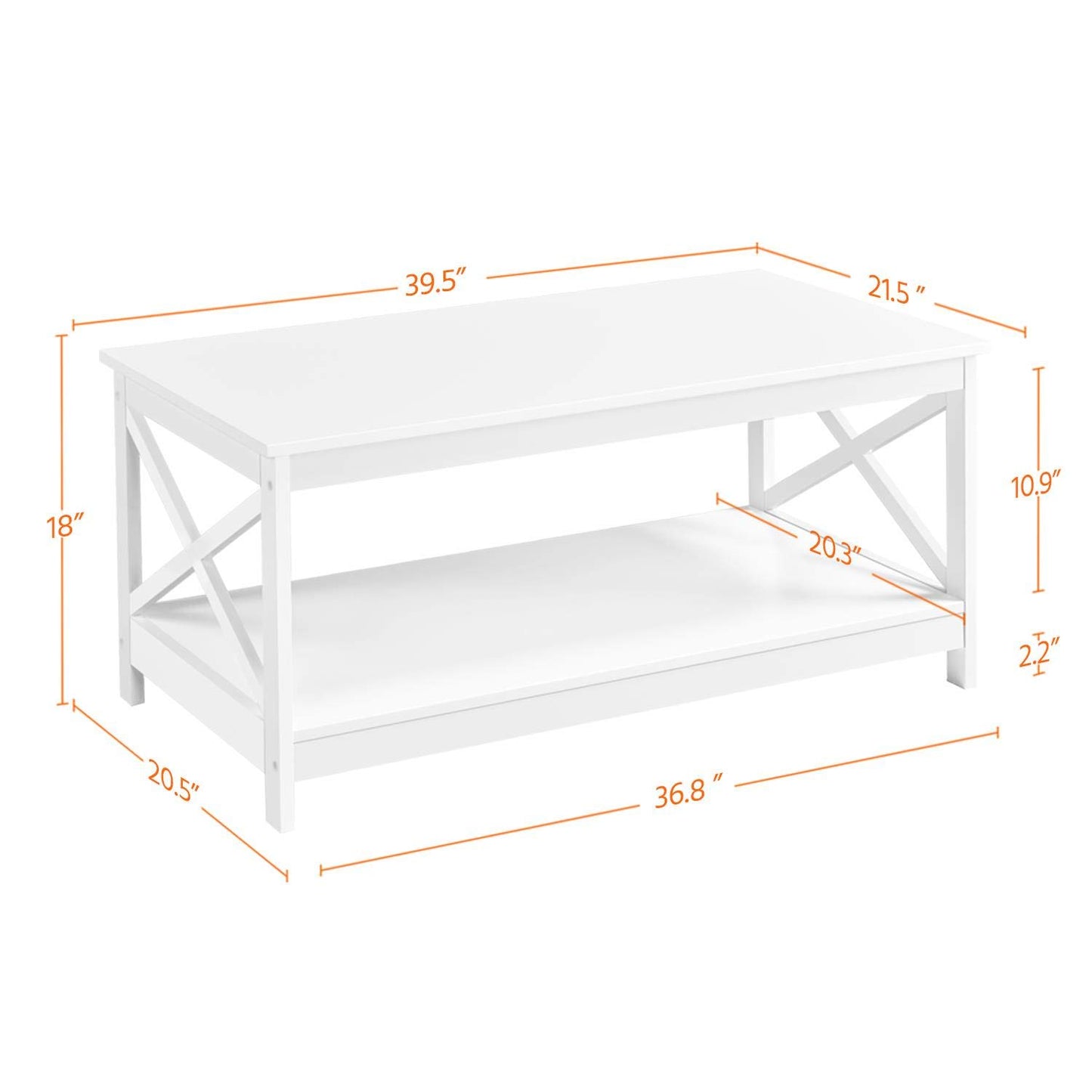 Yaheetech Wood 2-Tier White Coffee Table with Storage Shelf for Living Room, X Design Accent Cocktail Table, Simple Design Home Furniture, 39.5 x 21.5 x 18 Inches - WoodArtSupply