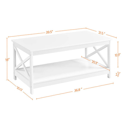 Yaheetech Wood 2-Tier White Coffee Table with Storage Shelf for Living Room, X Design Accent Cocktail Table, Simple Design Home Furniture, 39.5 x 21.5 x 18 Inches - WoodArtSupply