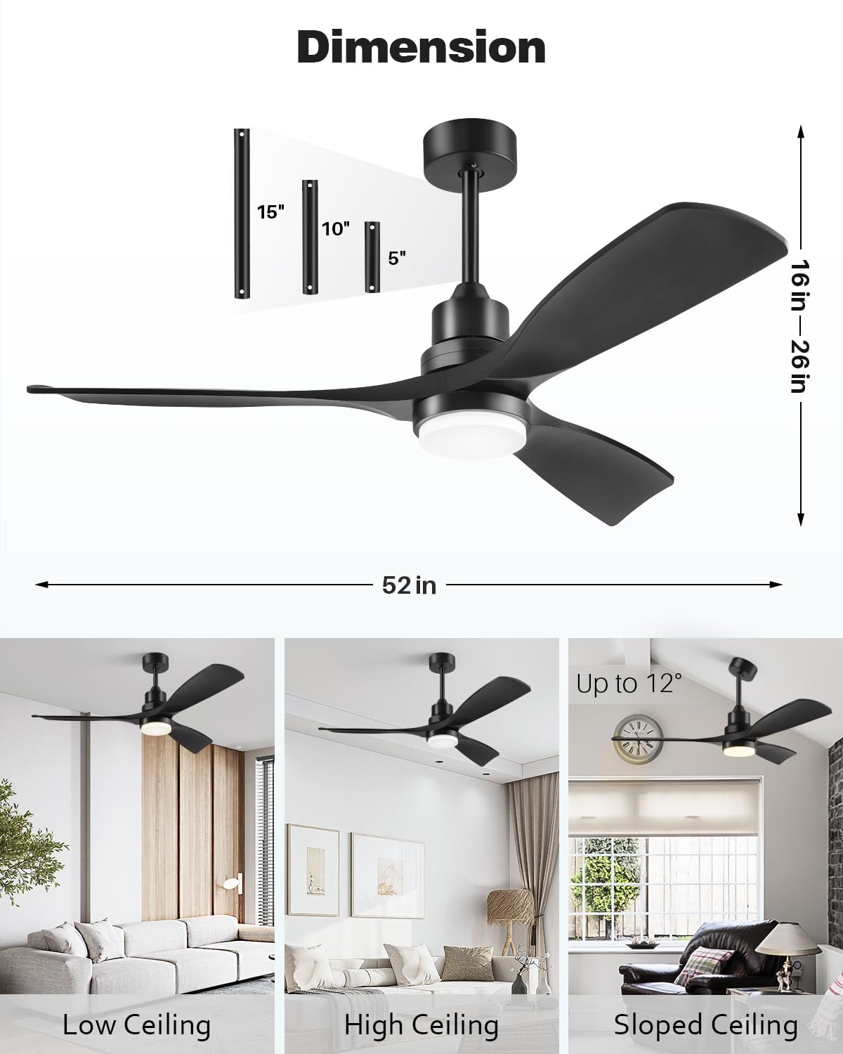 Forrovenco Ceiling Fan with Lights Remote Control, 52 Inch Black Ceiling Fans with 3 Downrods, 3 Blades, Timer, 6 Speed Modern Fan Quiet Reversible DC Motor for Patio Bedroom Outdoor/Indoor Forrovenco