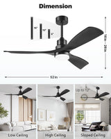 Forrovenco Ceiling Fan with Lights Remote Control, 52 Inch Black Ceiling Fans with 3 Downrods, 3 Blades, Timer, 6 Speed Modern Fan Quiet Reversible DC Motor for Patio Bedroom Outdoor/Indoor Forrovenco