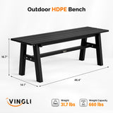 VINGLI 47” Outdoor Bench Garden Bench HDPE Porch Bench w/Metal Legs, Poly Lumber Patio Benches, 660 LBS Capacity Outdoor Backless Benches(Black) VINGLI