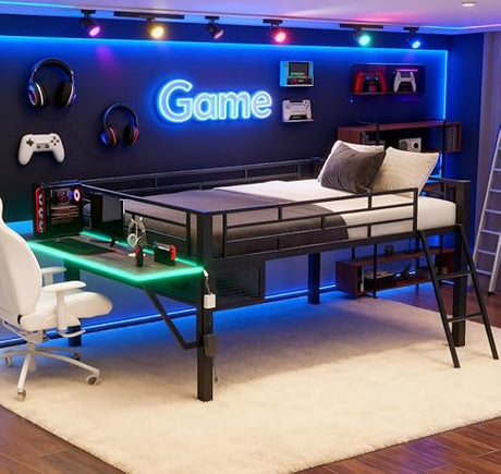 Bellemave Full Loft Bed with Desk, Gaming mid loft Bed with Desk, LED for Adults, Teens, Kids, Black Bellemave