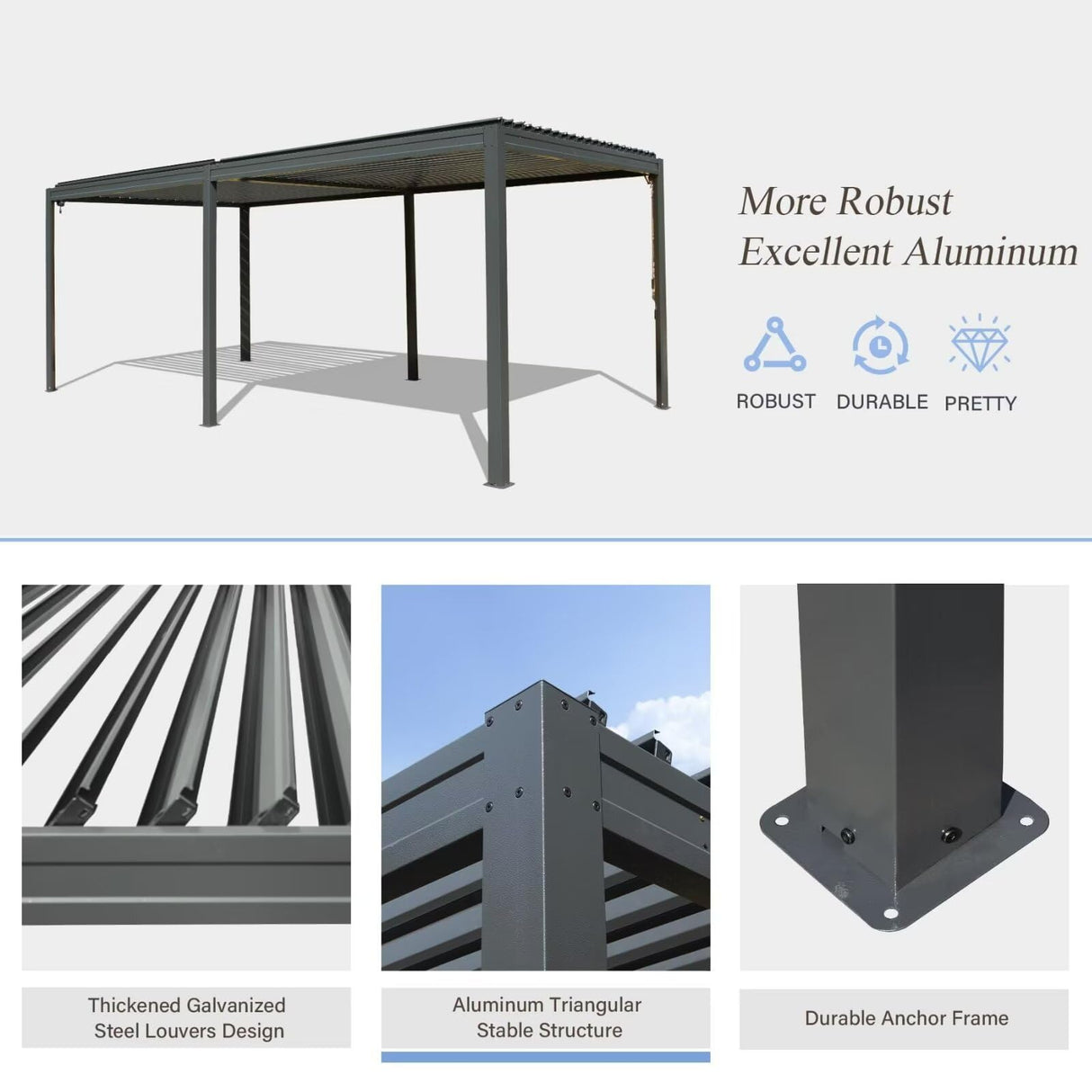 Domi Outdoor Louvered Pergola 10x20FT with Adjustable Steel Roof, Outdoor Aluminum Frame Rainproof Pergola for Backyard, Garden and Lawn,Dark Gray domi outdoor living