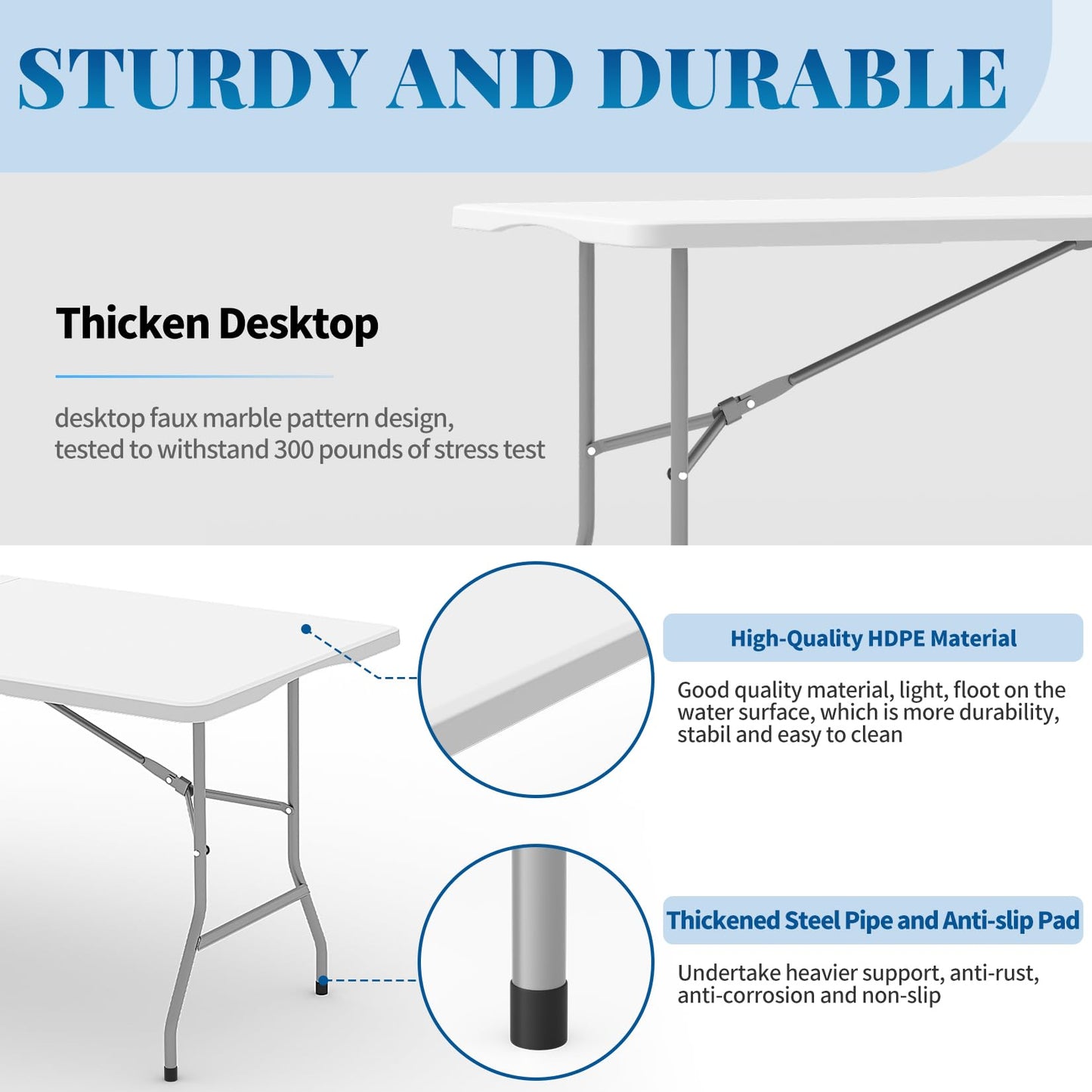 HLPB Folding Table Picnic Table Set, 6 ft Camping Table with 2 Benches, Outdoor Indoor Portable Folding Table for Working Meeting Parties, Camping, Picnic, Weddings w/Handle and Safety Locks, White