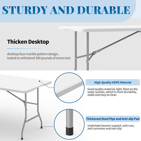 HLPB Folding Table Picnic Table Set, 6 ft Camping Table with 2 Benches, Outdoor Indoor Portable Folding Table for Working Meeting Parties, Camping, Picnic, Weddings w/Handle and Safety Locks, White HLPB